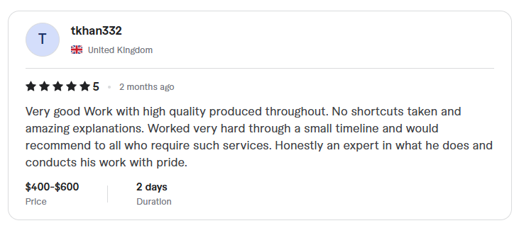 5-star client review from United Kingdom — high quality work, amazing explanations, delivered on a tight timeline