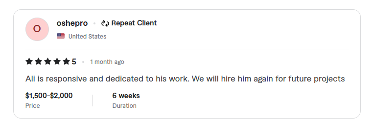 5-star review from a repeat client in the United States — responsive and dedicated, will hire again