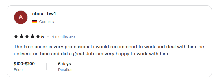 5-star client review from Germany — very professional, delivered on time, great job