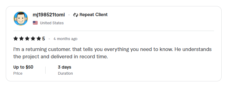 5-star review from a returning customer in the United States — understands the project, delivered in record time