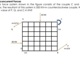The force system shown consists of the couple C and four forces. The resultant of this system is a 500 kN-m counterclockwise couple. Determine P. Determine Q. sure to find an answer!