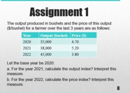 The output produced in bushels and the price of this output ( $ / bushel ) ﻿for a farmer over the last 3 ﻿years are as follows: