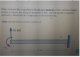 When moment Mo is applied to the left end (point A) of the cantilever beam shown in Figure, the slope of the beam is zero. Use the double-integration method to determine the magnitude of the moment Mo