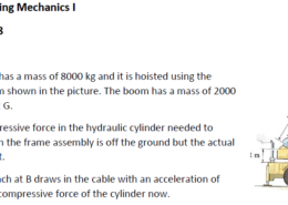 The frame assembly has a mass of 8000 kg and it is hoisted using the boom and pulley system shown in the picture. The boom has a mass of 2000 kg and a mass center at G. a) Determine the compressive force in the hydraulic cylinder needed to support the boom when the frame assembly is off the ground but the actual lifting hasn’t started yet. b) Lifting starts: the winch at B draws in the cable with an acceleration of 2 m/s 2 . Determine the compressive force of the cylinder now.