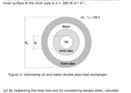 Hot lubricating oil is cooled by exchanging heat with water in a L = 8 m length double pipe heat exchanger. The heat exchanger consists of an inner pipe (with an inner diameter Di) and an outer pipe (with an outer diameter Do) (see Figure 3). The oil (heat capacity 𝐶𝑝,𝑜 = 2090 J kg-1 K-1) flows through the inner pipe at a rate of 𝑚̇ 𝐻 = 0.75 kg s-1 , enters and leaves the heat exchanger at 𝑇𝐻1 = 450 K and 𝑇𝐻2 = 350 K, respectively. Water (heat capacity 𝐶𝑝,𝑤 = 4177 J kg-1 K-1) flows through the annulus, enters the heat exchanger at 𝑇𝐶1 = 298 K at a flow rate of 𝑚̇ 𝐶 = 0.8 kg s-1 . The overall heat transfer coefficient from the oil to the water based on the inner surface of the inner pipe is U = 280 W m-2 K-1 . Figure 3: lubricating oil and water double pipe heat exchanger. (a) By neglecting the heat loss and by considering steady state, calculate the heat transfer rate from the oil to water, 𝑄 ̇ . [2 marks] (b) Determine the outlet water temperature 𝑇𝐶2 . [3 marks] PLEASE TURN OVER CP204/208 Fluid Flow and Heat Transfer Page 8 of 8 (c) For a countercurrent arrangement of the heat exchanger, compute the inner diameter of the inner pipe, Di . [5 marks] (d) For a co-current arrangement of the heat exchanger, compute the inner diameter of the inner pipe, Di . [5 marks] (e) After the heat exchanger was used for long time, it was turned off to allow the external surface of the heat exchanger to cool down. The heat transfer coefficient at the external surface is h = 12 W m-2 K-1 , the external diameter of the outer pipe is DO = 1 m, the mass of the outer pipe is mO = 10 kg, the heat capacity of the material of the outer pipe is Cp,pipe = 850 J kg-1 K-1 . Considering the ambient temperature T0 = 298 K and assuming that the outer pipe has the same temperature with the water outlet temperature TC2, calculate how long time does it need to cool the external surface from TC2 to Tfinal = 300 K.