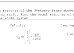 Determine the free vibration response of the 3-storey frame above subject to the following initial conditions and damping ratio. Plot the modal response of each natural mode as well as the total response for the whole system.