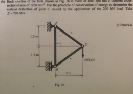 Each member of the truss shown in Fig. 2b is made of steel and has a uniform cross section area os 1200 mm2. Use the principle os conservation of energy to determine the vertical deflection of joint C caused by the aplication of the 200 kN load. Take E = 200 GPa.