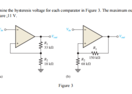 Determine a hysteresis voltage for each of the comparators in the following figure. The maximum output levels are ± 11 V.