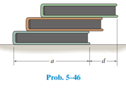 5–46. Three uniform books, each having a weight W and length a, are stacked as shown. Determine the maximum distance d that the top book can extend out from the bottom one so the stack does not topple over.