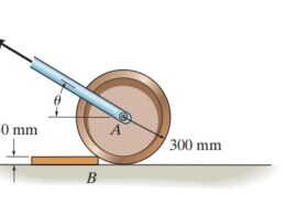 5–30. Determine the magnitude and direction u of the  minimum force P needed to pull the 50-kg roller over the  smooth step.