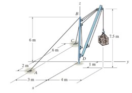 5–70. The stiff-leg derrick used on ships is supported by a  ball-and-socket joint at D and two cables BA and BC. The  cables are attached to a smooth collar ring at B, which allows  rotation of the derrick about z axis. If the derrick supports a  crate having a mass of 200 kg, determine the tension in the  cables and the x, y, z components of reaction at D.