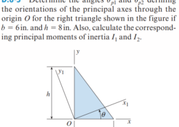  Determine the angles  𝜃 𝑝 1  and  𝜃 𝑝 2  defining the orientations  𝑜 𝑓  the principal axes through the origin  𝑂  for the right triangle shown  𝑖 𝑛  the figure  𝑖 𝑓 𝑏 = 6 𝑖 𝑛 .  and  ℎ = 8 𝑖 𝑛 .  Also, calculate the correspond – ing principal moments  𝑜 𝑓  inertia  𝐼 1  and  𝐼 2 .