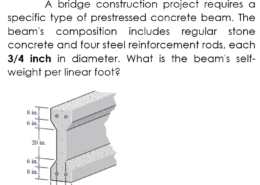 A bridge construction project requires a specific type of prestressed concrete beam. The beam’s composition includes regular stone concrete and four steel reinforcement rods, each 3/4 inch in diameter. What is the beam’s self- weight per linear foot?