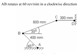 Determine the angular velocity (ω) and angular acceleration (α) of Link DC of the four bar linkage mechanism shown in figure 1. Input link AB rotates at 100 rev/min in anti-clockwise direction with uniform velocity.