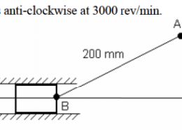 Find the velocity and acceleration of the piston and the angular velocity and angular acceleration of link AB for the crank slider mechanism shown in figure 2. The crank OA rotates anti-clockwise at 500 rad/min with constant velocity. Point O is fixed.