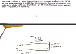 In a TEMA – E type shell-and-tube exchanger, as shown in the schematic diagram, water enters the shell at 218 °C at a rate of 1.4 kg/s. Engine oil flows through the tubes at a rate of 1.0 kg/s. The inlet and outlet temperatures of the oil are 150 °C and 90 °C, respectively. Determine the surface area of the exchanger by both the LMTD and E-NTU methods if U = 225W / (m ^ 2) * K The specific heats of water and oil are 4.19 and 1.67 J/g K respectively.