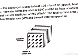 A finned-tube exchanger is used to heat 2.36 m3/s of air (specific heat of 1006 J/kg C) at 1 atm from 15.55 to 29.44°C. Hot water enters the tubes at 82.22°C and the air flows across the tubes, producing an average overall heat transfer coefficient of 227 W/m2C. The total surface area of the exchanger is 9.29m2. Calculate the heat transfer rate (kw) and the exit water temperature.