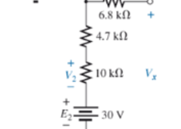 Using the voltage divider rule or Kirchhoff’s voltage law, determine the unknown voltages for the configurations. Do not calculate the current.