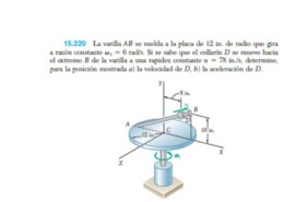 La varilla AB se suelda a la placa de 12 in. de radio que gira a razón constante 1  6 rad/s. Si se sabe que el collarín D se mueve hacia el extremo B de la varilla a una rapidez constante u  78 in./s, determine, para la posición mostrada a) la velocidad de D, b) la aceleración de D